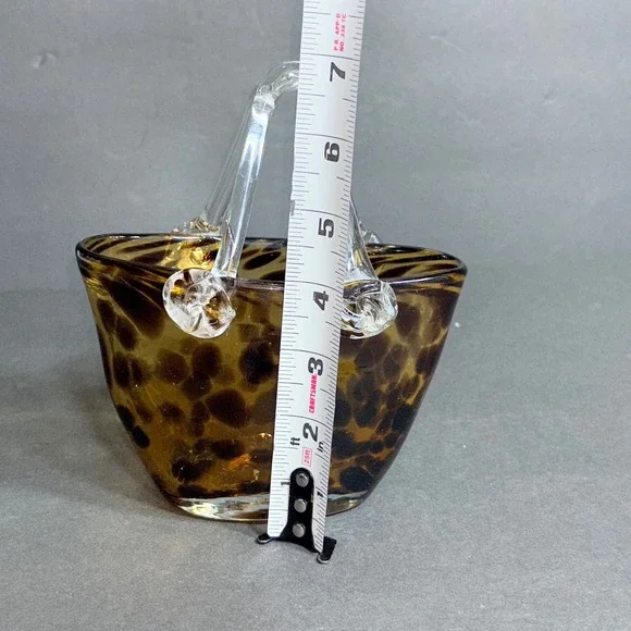 Hand Blown Murano Style Vintage Glass Purse Vase Leopard Spot Amber 7" Art - Picture 11 of 13